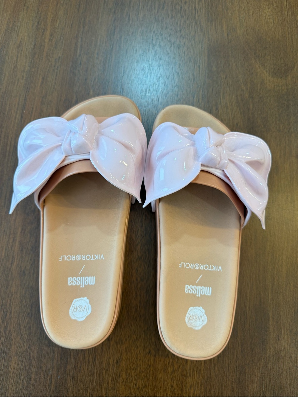 Melissa Pink Bow Slide Sandals with Tan Footbed